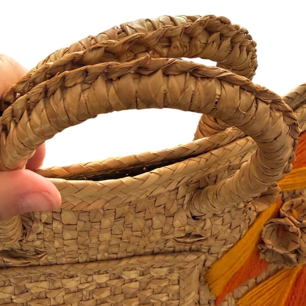 Vintage Handmade Woven Straw Sunflower Tote Orange Yellow Floral Boho Beach Bag - Picture 5 of 6